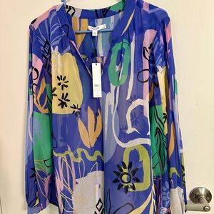 Bright multi-colored lightweight button up blouse